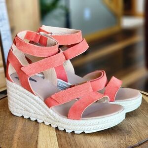 Sorel Cameron Wedge Multi Strap Sandals Orange Suede Leather Sz 8.5 Espadrille